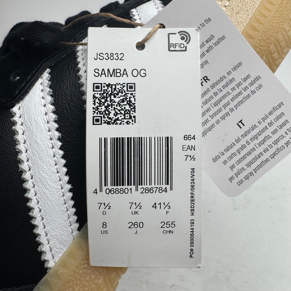 Adidas Samba OG Black White Gum Leather Suede Sneakers JS3832 Womens 8 NEW - Picture 8 of 8